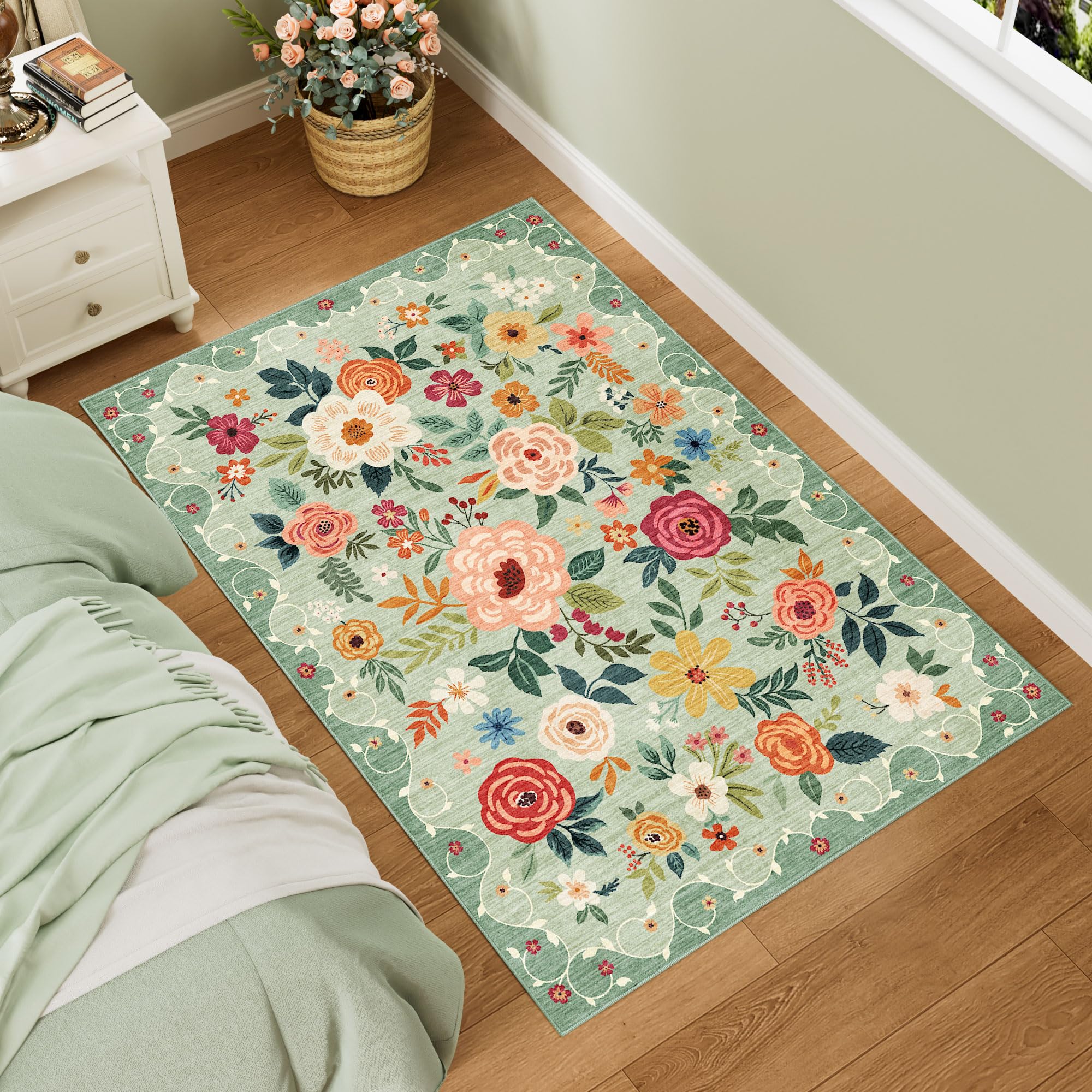 DUKINO 3x5 Area Rug, Floral Washable Rug for Bedroom Non Slip